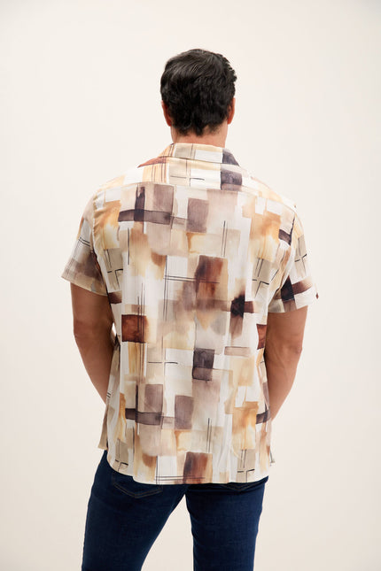 Men's Geometric Camp Collar Shirt - Ecru Brown | Ron Tomson
