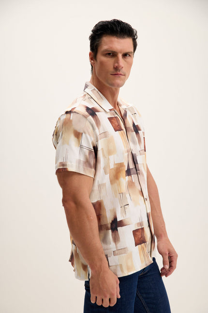 Men's Geometric Camp Collar Shirt - Ecru Brown | Ron Tomson