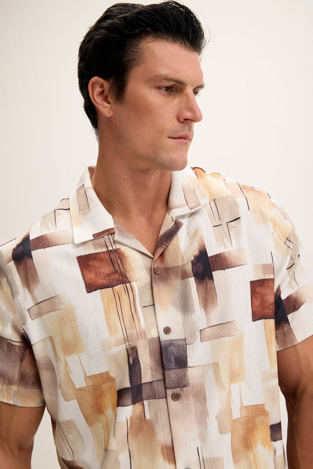 Geometric Camp Collar Shirt - Ecru Brown