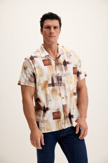 Men's Geometric Camp Collar Shirt - Ecru Brown | Ron Tomson