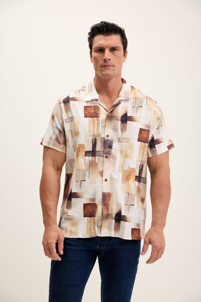 Geometric Camp Collar Shirt - Ecru Brown