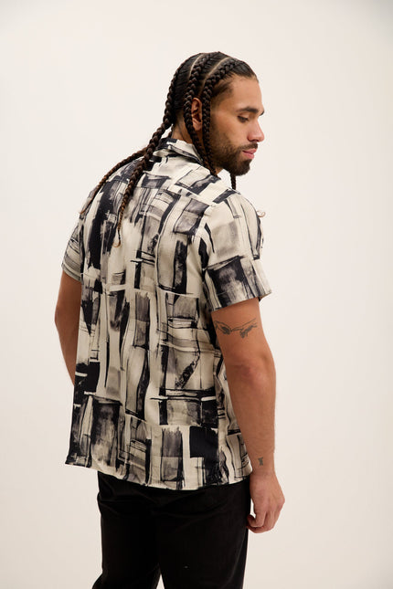 Men's Allover Pattern Camp Collar Shirt - Black Beige | Ron Tomson
