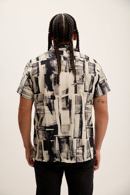 Men's Allover Pattern Camp Collar Shirt - Black Beige | Ron Tomson