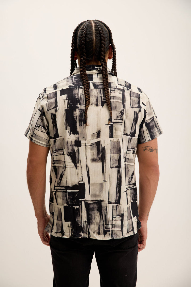 Men's Allover Pattern Camp Collar Shirt - Black Beige | Ron Tomson
