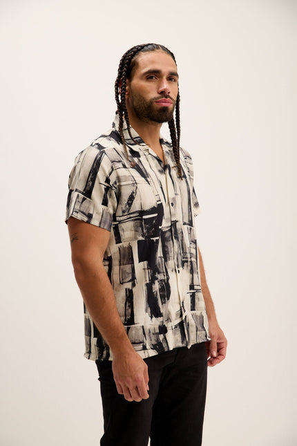 Men's Allover Pattern Camp Collar Shirt - Black Beige | Ron Tomson