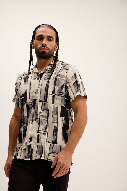 Men's Allover Pattern Camp Collar Shirt - Black Beige | Ron Tomson