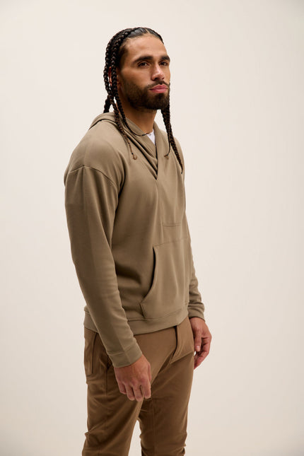 Men's Relaxed Hooded Sweater - Dark Beige | Ron Tomson