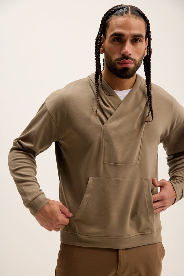 Men's Relaxed Hooded Sweater - Dark Beige | Ron Tomson