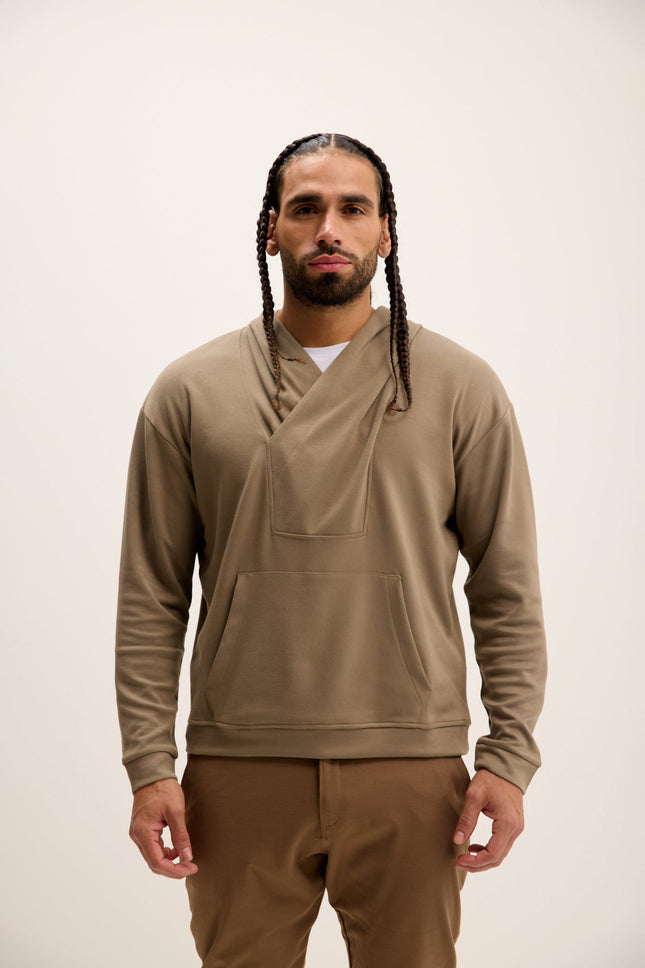 Men's Relaxed Hooded Sweater - Dark Beige | Ron Tomson