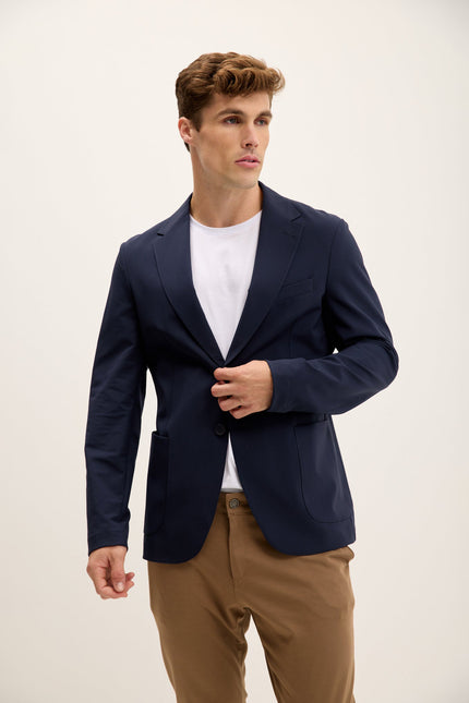 Men's Single-Breasted Notch Lapel Blazer - Navy | Ron Tomson