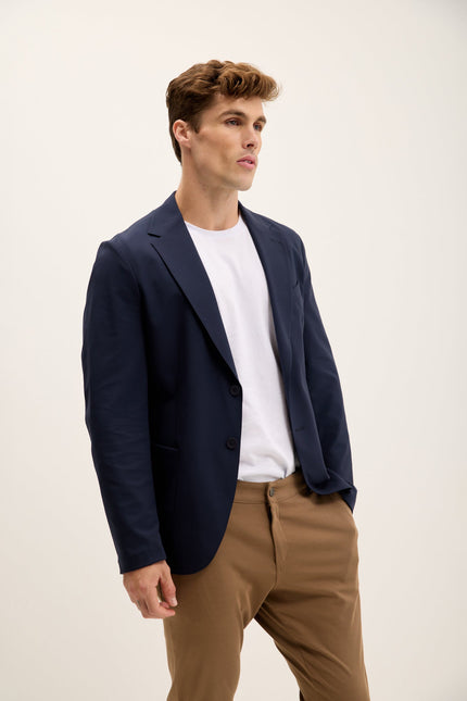 Men's Single-Breasted Notch Lapel Blazer - Navy | Ron Tomson