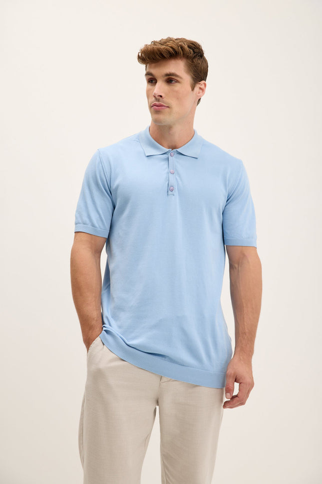 Men's Knit Polo Shirt - Blue | Ron Tomson
