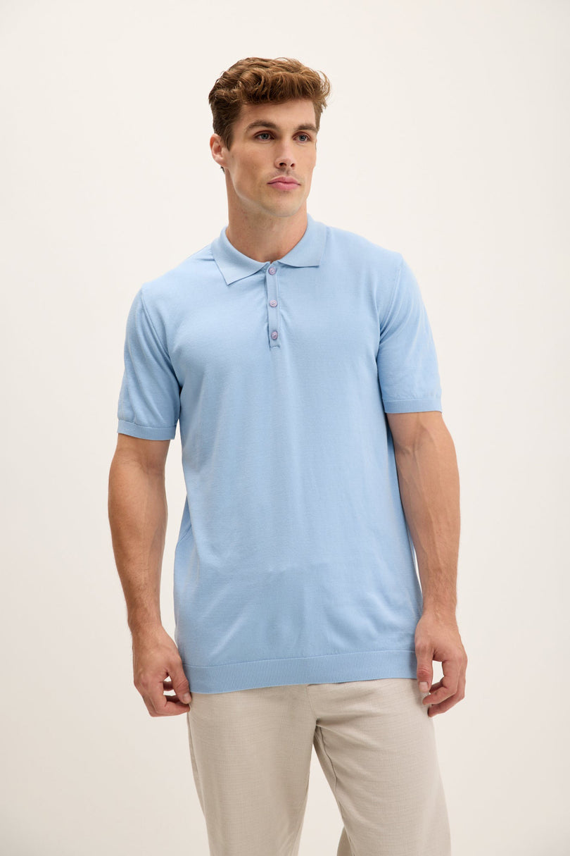 Men's Knit Polo Shirt - Blue | Ron Tomson