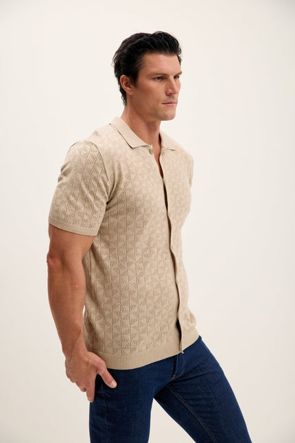 Men's Crochet Polo Shirt - Stone | Ron Tomson