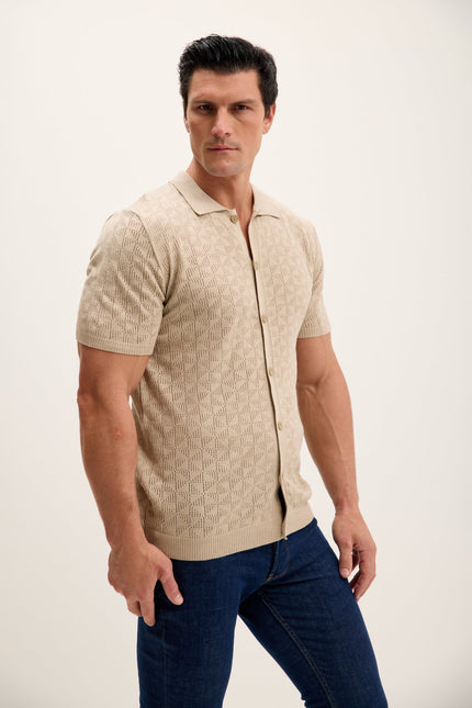 Men's Crochet Polo Shirt - Stone | Ron Tomson