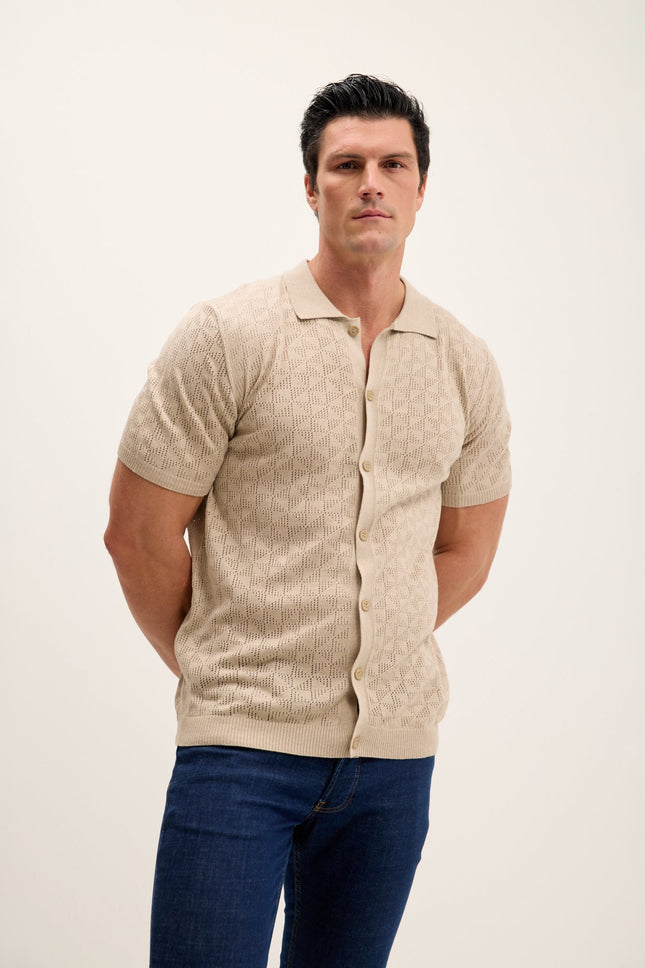Men's Crochet Polo Shirt - Stone | Ron Tomson