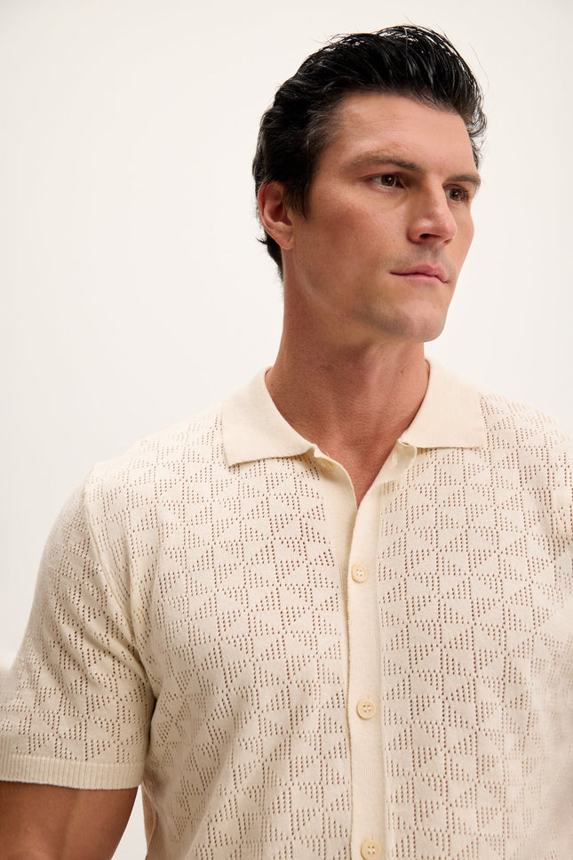 Geometric Crochet Knit Polo - Beige