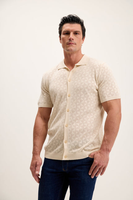 Men's Crochet Polo Shirt - Beige | Ron Tomson