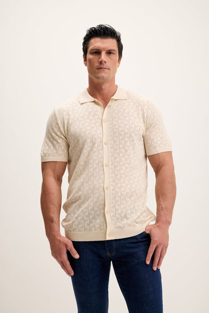 Men's Crochet Polo Shirt - Beige | Ron Tomson