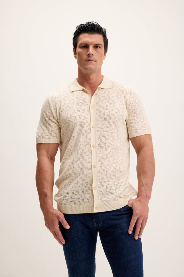 Geometric Crochet Knit Polo - Beige
