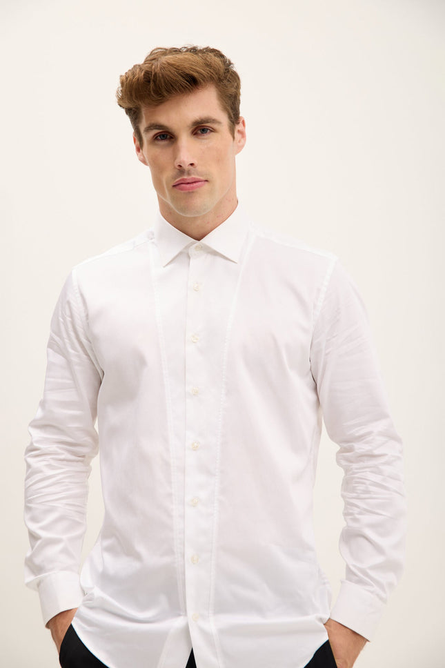 Men's Slim Fit Pique Front Tuxedo Shirt - White | Ron Tomson