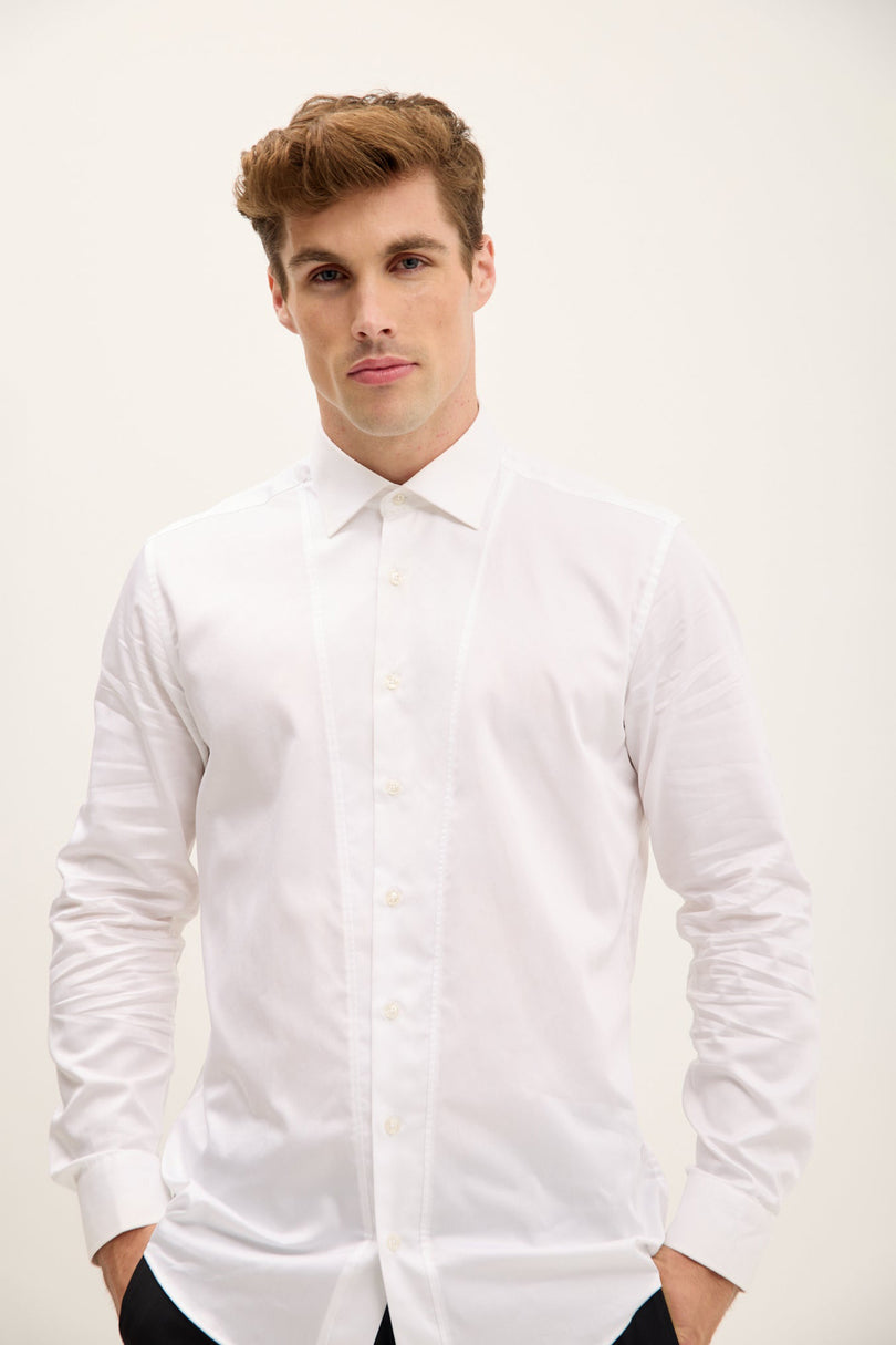 Men's Slim Fit Pique Front Tuxedo Shirt - White | Ron Tomson