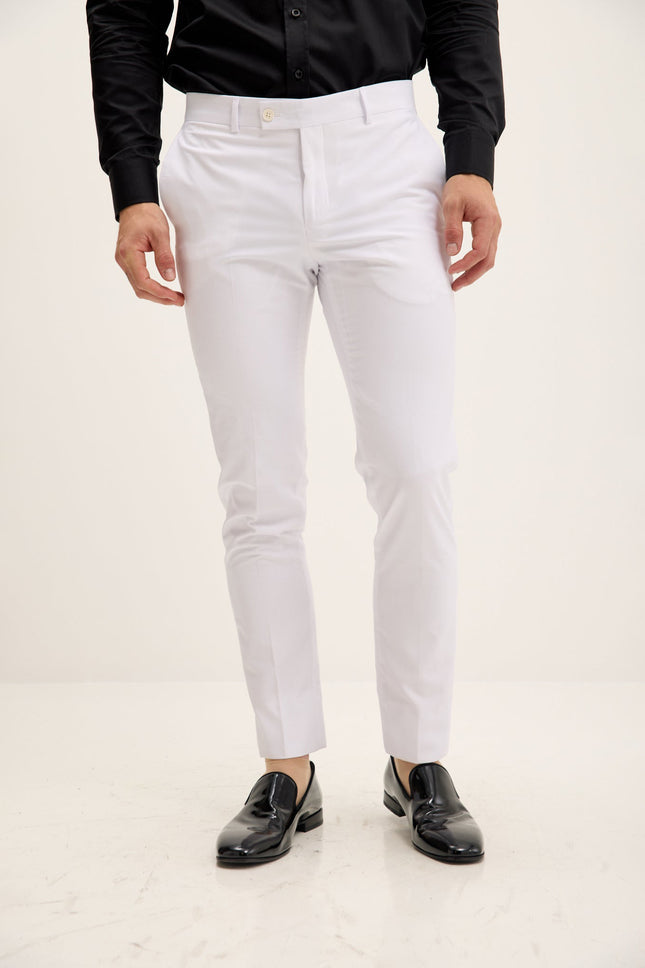 Men's Tapered Tuxedo Pants - White Matte | Ron Tomson