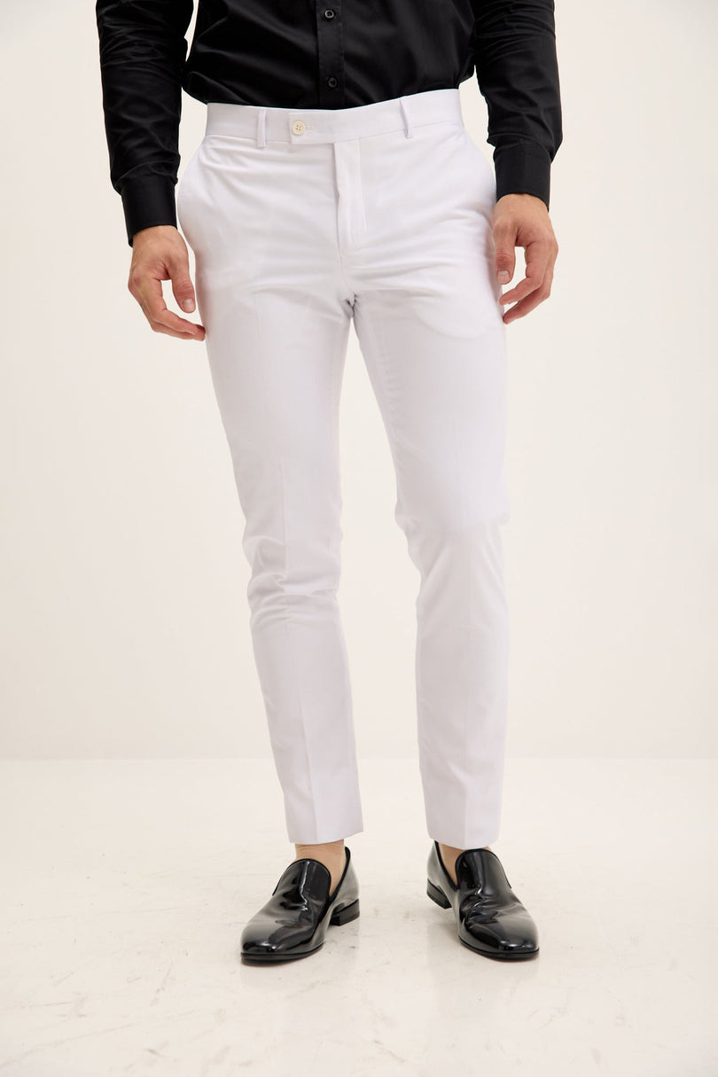Men's Tapered Tuxedo Pants - White Matte | Ron Tomson