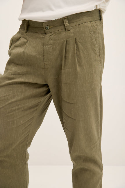 Men's Double-Pleated Linen Pants - Khaki | Ron Tomson