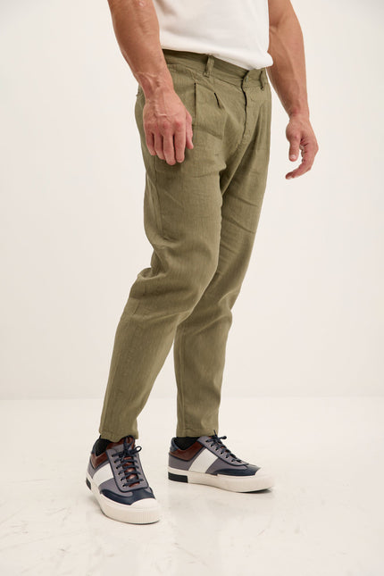 Men's Double-Pleated Linen Pants - Khaki | Ron Tomson