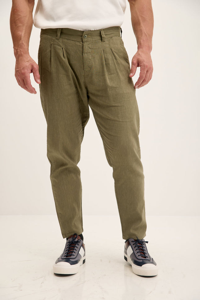 Men's Double-Pleated Linen Pants - Khaki | Ron Tomson