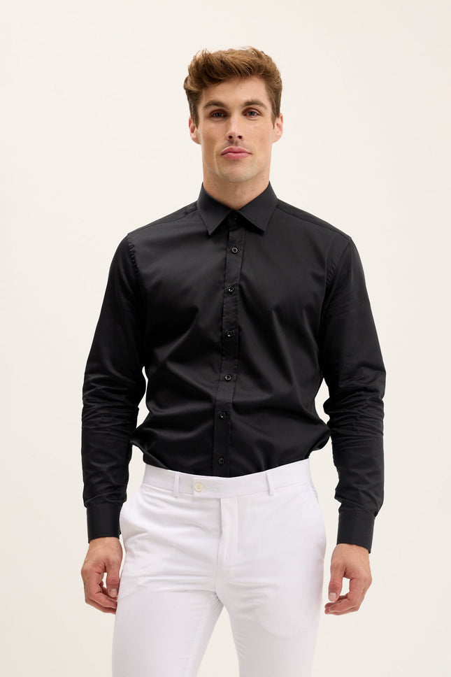 Men's Point Collar Dress Shirt - Black | Ron Tomson