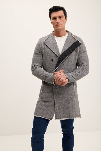 Men's Long Shawl Collar Cardigan - Black White | Ron Tomson