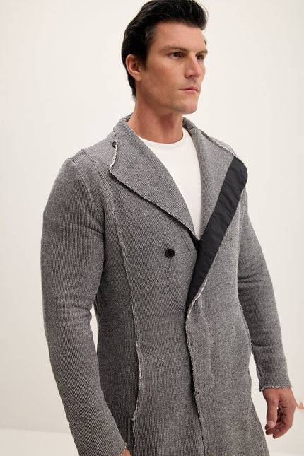 Men's Long Shawl Collar Cardigan - Black White | Ron Tomson