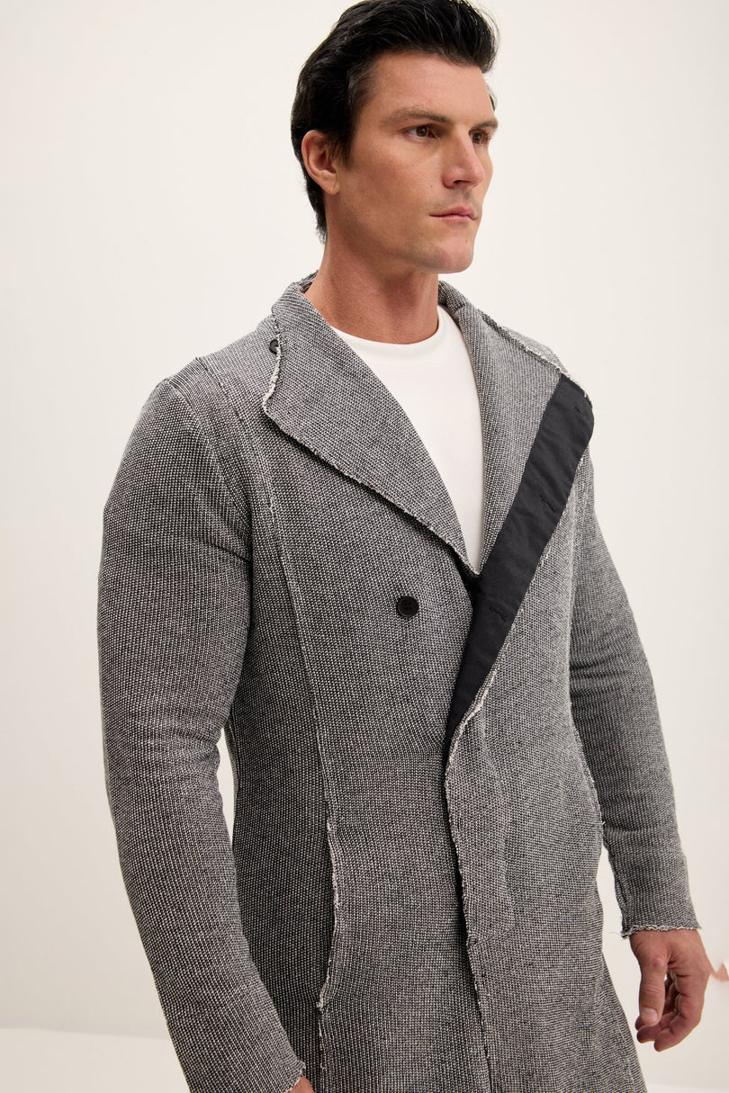 Men's Long Shawl Collar Cardigan - Black White | Ron Tomson
