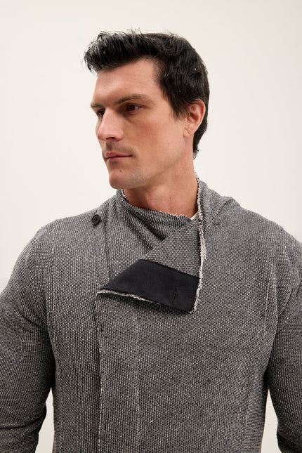 Men's Long Shawl Collar Cardigan - Black White | Ron Tomson