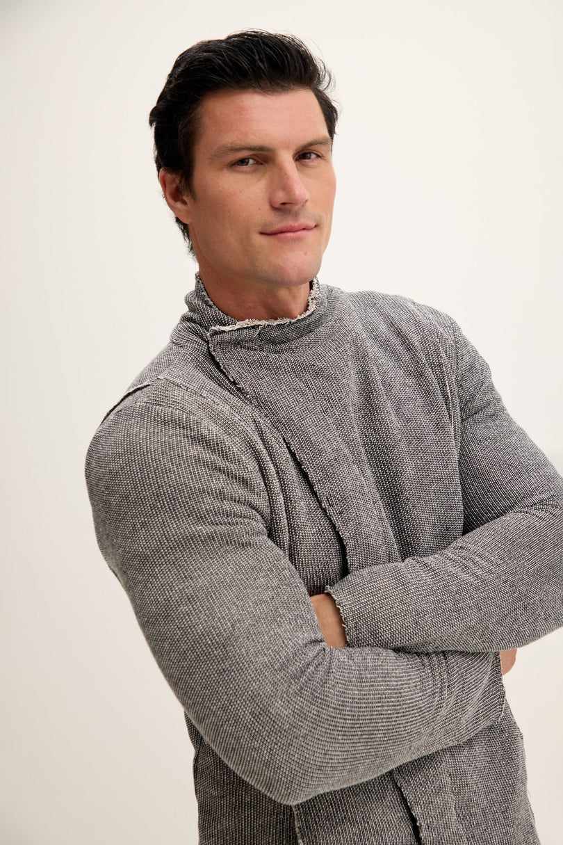 Men's Long Shawl Collar Cardigan - Black White | Ron Tomson