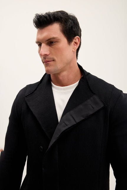 Men's Long Shawl Collar Cardigan - Black | Ron Tomson