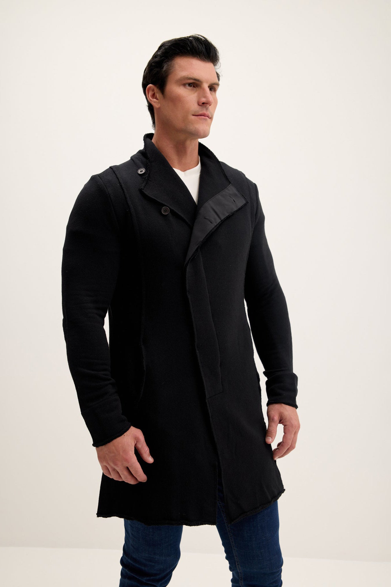 Men's Asymmetrical Faux Shearling Overcoat - Black | Ron Tomson