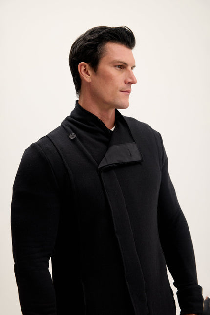 Men's Long Shawl Collar Cardigan - Black | Ron Tomson