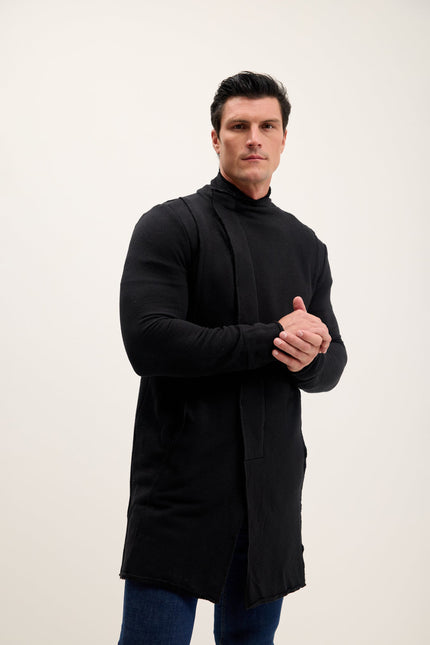 Men's Long Shawl Collar Cardigan - Black | Ron Tomson