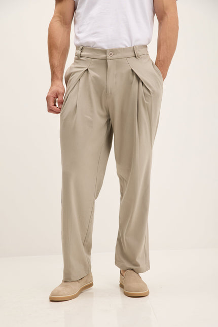 Men's Relaxed Pleated Trousers - Stone | Ron Tomson