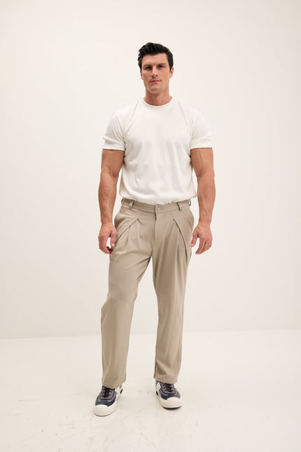 Men's Relaxed Pleated Trousers - Stone | Ron Tomson