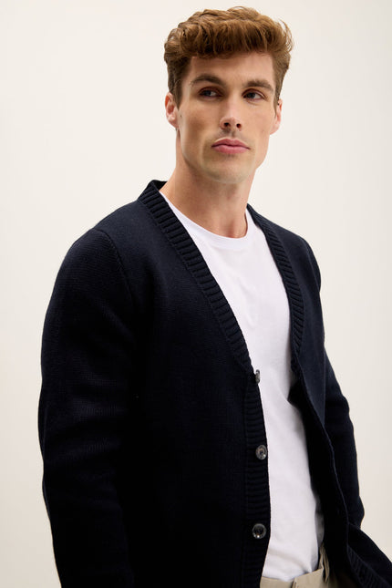 Men's V-Neck Tailored Cardigan - Navy | Ron Tomson