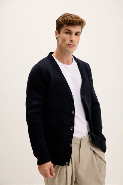 Men's V-Neck Tailored Cardigan - Navy | Ron Tomson