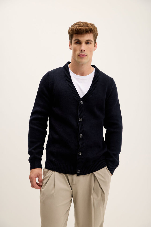 Men's V-Neck Tailored Cardigan - Navy | Ron Tomson