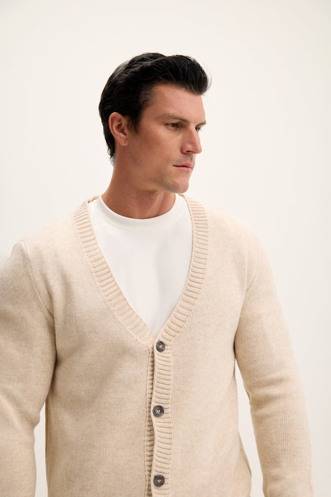 Men's Ribbed V-Neck Cardigan - Beige | Ron Tomson