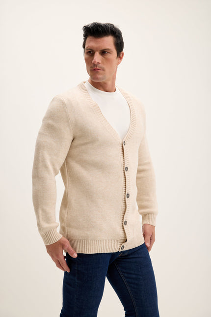Men's Ribbed V-Neck Cardigan - Beige | Ron Tomson