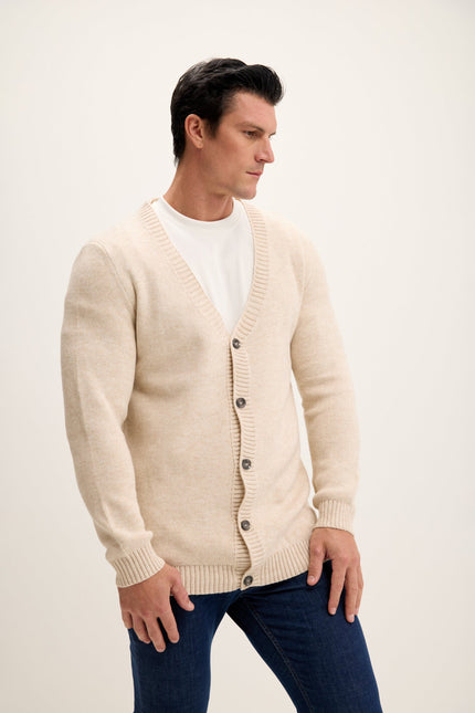 Men's Ribbed V-Neck Cardigan - Beige | Ron Tomson