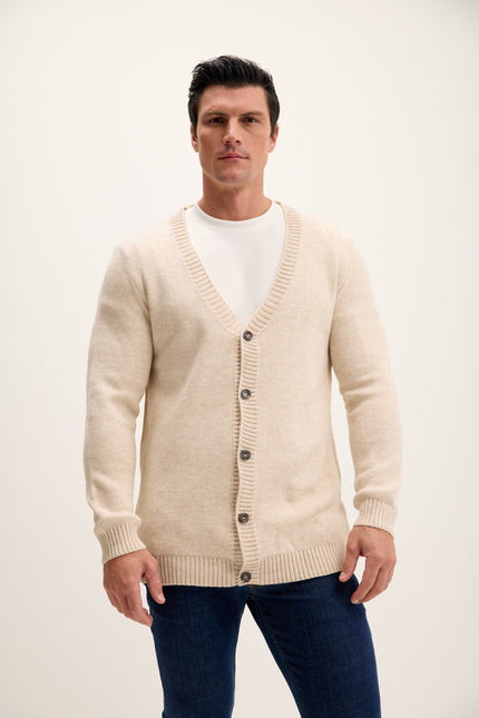 Men's Ribbed V-Neck Cardigan - Beige | Ron Tomson